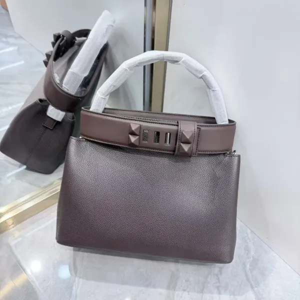 Valentino Garavani Rockstud Small Top Handle Bag Taupe Leather Handbag - 19