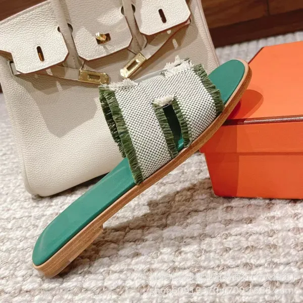 Hermès Oran Slide Sandals Green and Beige Woven Fringe Slippers - 17