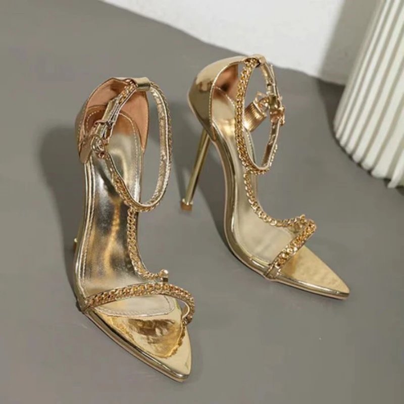 2024 New Arrival Gold Chain Lock Strappy Pointed Toe High Heel Sandals Sexy European Style Drop Shipping: findsindex.com
