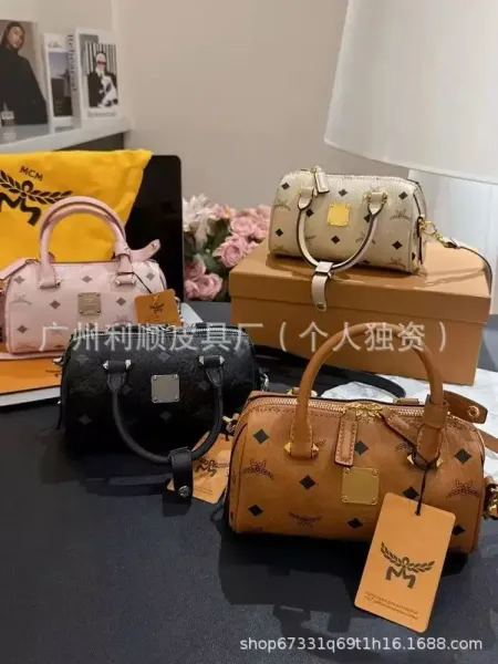 MCM Mini Boston Bag in Monogram Coated Canvas - Pink, Black, Beige, Tan Handbags - 5