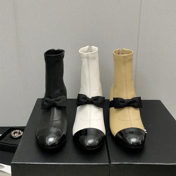Chanel-Inspired Two-Tone Bow Ankle Boots White Black - 2