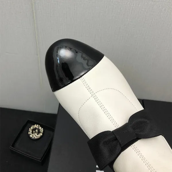 Chanel-Inspired Two-Tone Bow Ankle Boots White Black - 8
