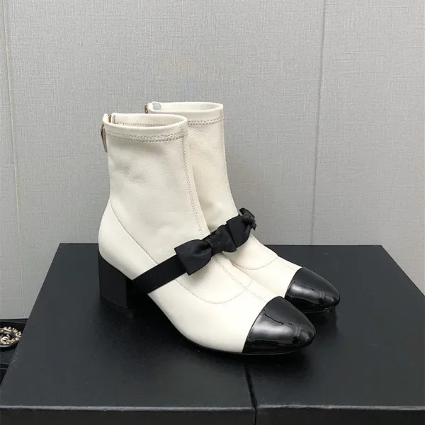 Chanel-Inspired Two-Tone Bow Ankle Boots White Black - 9