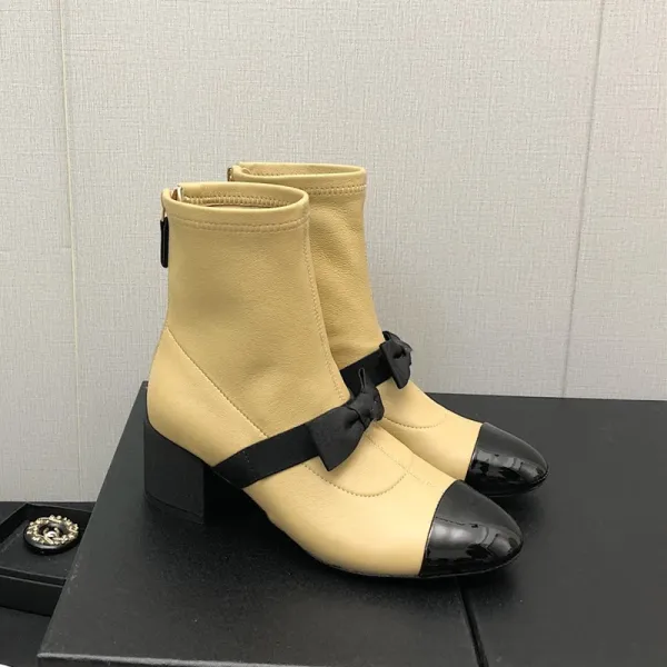 Chanel-Inspired Two-Tone Bow Ankle Boots White Black - 14