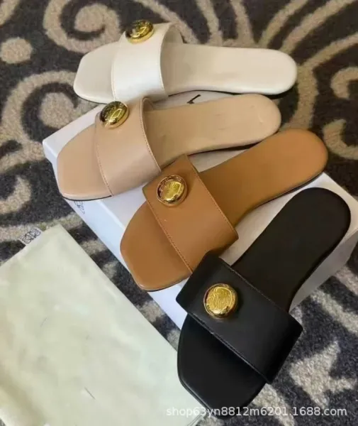 Gucci Marmont Slide White Leather Sandals with Gold Button - 2