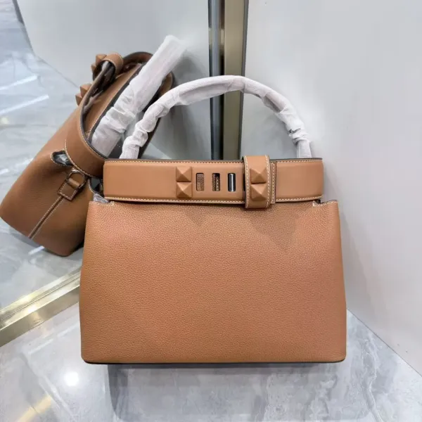 Valentino Garavani Rockstud Small Top Handle Bag Taupe Leather Handbag - 6