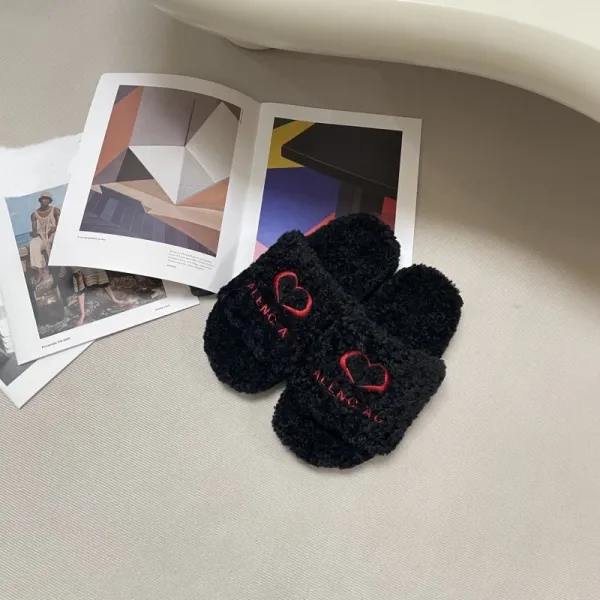 Balenciaga Fur Slippers Leopard Print with Heart Logo Slippers - 9