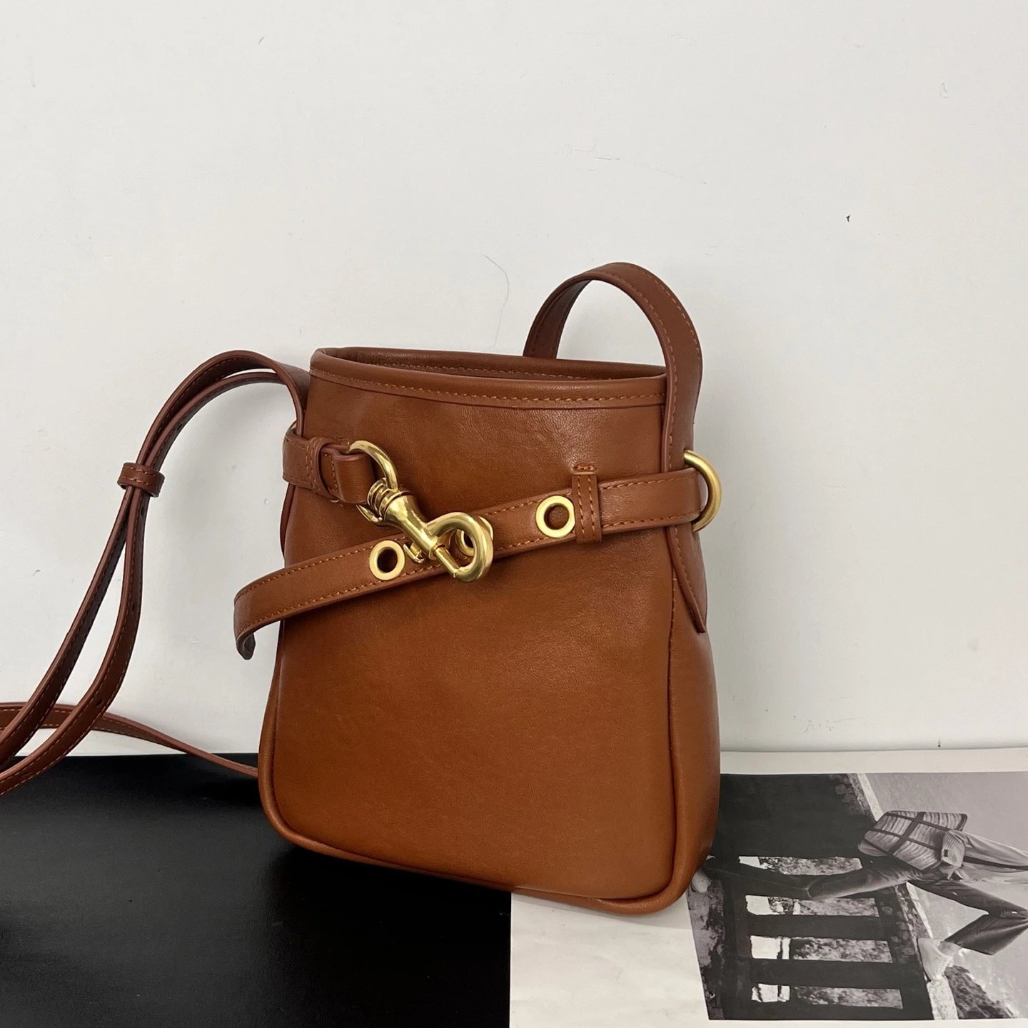 Brown Leather Bucket Bag with Horsebit Hardware Crossbody Bag