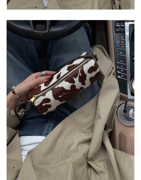 Cow Print Cylinder Shoulder Bag with Gold Hardware - 7