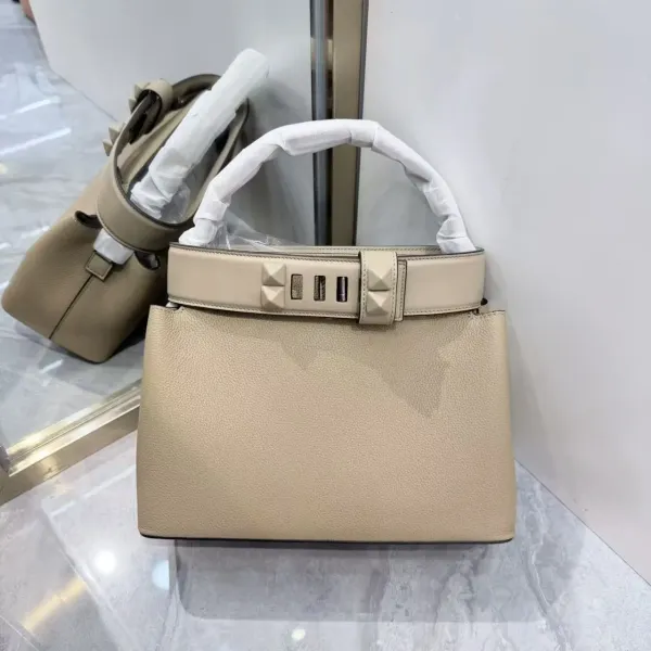Valentino Garavani Rockstud Small Top Handle Bag Taupe Leather Handbag - 14