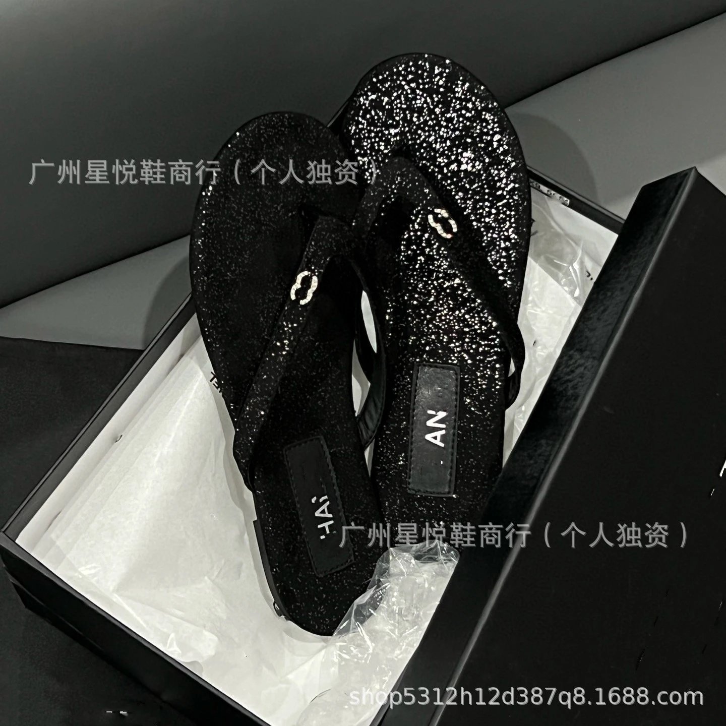 Chanel-Inspired Rhinestone-Embellished Black Velvet Flip-Flops - 18