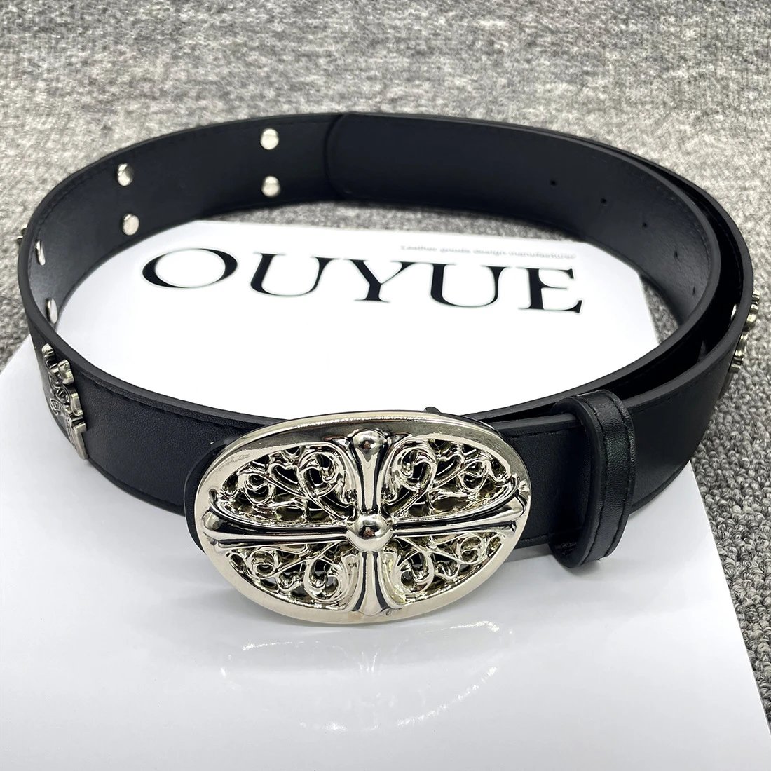 OUYUE Ornate Filigree Buckle Leather Belt Black