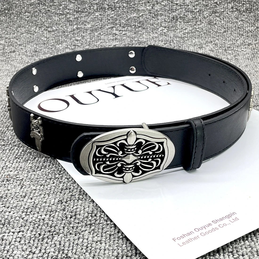Ouyue Ornate Fleur-de-Lis Buckle Black Leather Belt