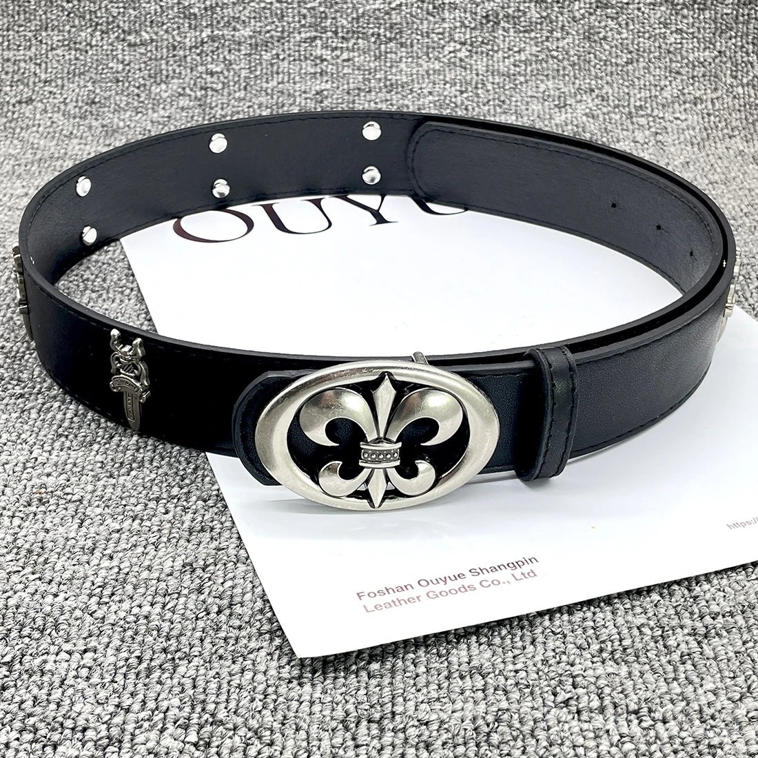 Ouyue Fleur-de-Lis Buckle Black Leather Belt