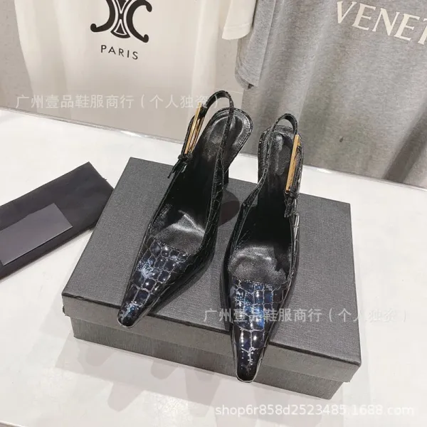 Celine Triomphe Slingback Stilettos Black Patent Leather Heels - 16