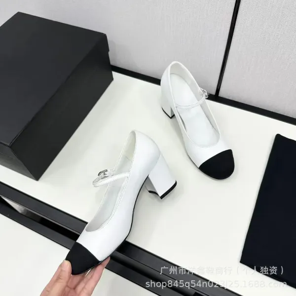 Chanel Mary Jane Block Heel White and Black Leather Shoes - 19
