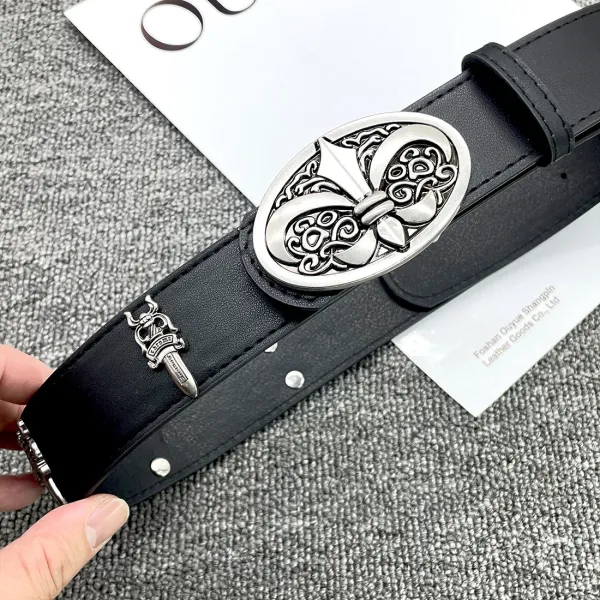 OUYUE Ornate Cross Buckle Black Leather Belt - 24