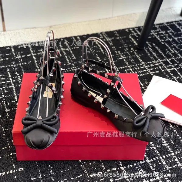 Valentino Rockstud Bow Flat Black Leather Shoes - 6