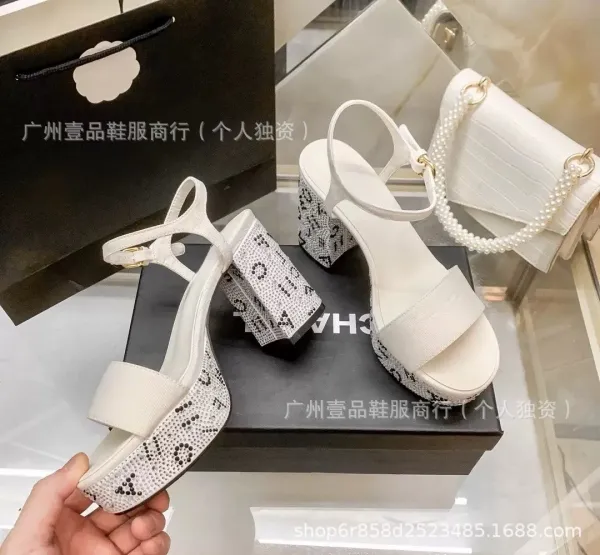 Chanel Logo-Embellished Black Crystal Block Heel Sandals - 6