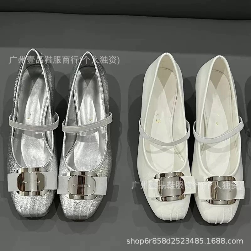 Black Mary Jane Flats with Gold Buckle Detail Leather Shoes - 4