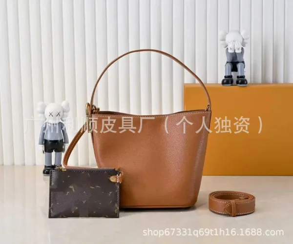 Louis Vuitton Monogram Canvas Card Holder x Tan Leather Bucket Bag Set - 4