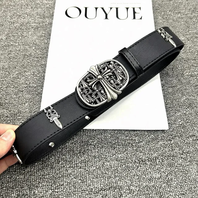 Unbranded Belts Cross-studded belt with ornate oval buckle product detail image 1