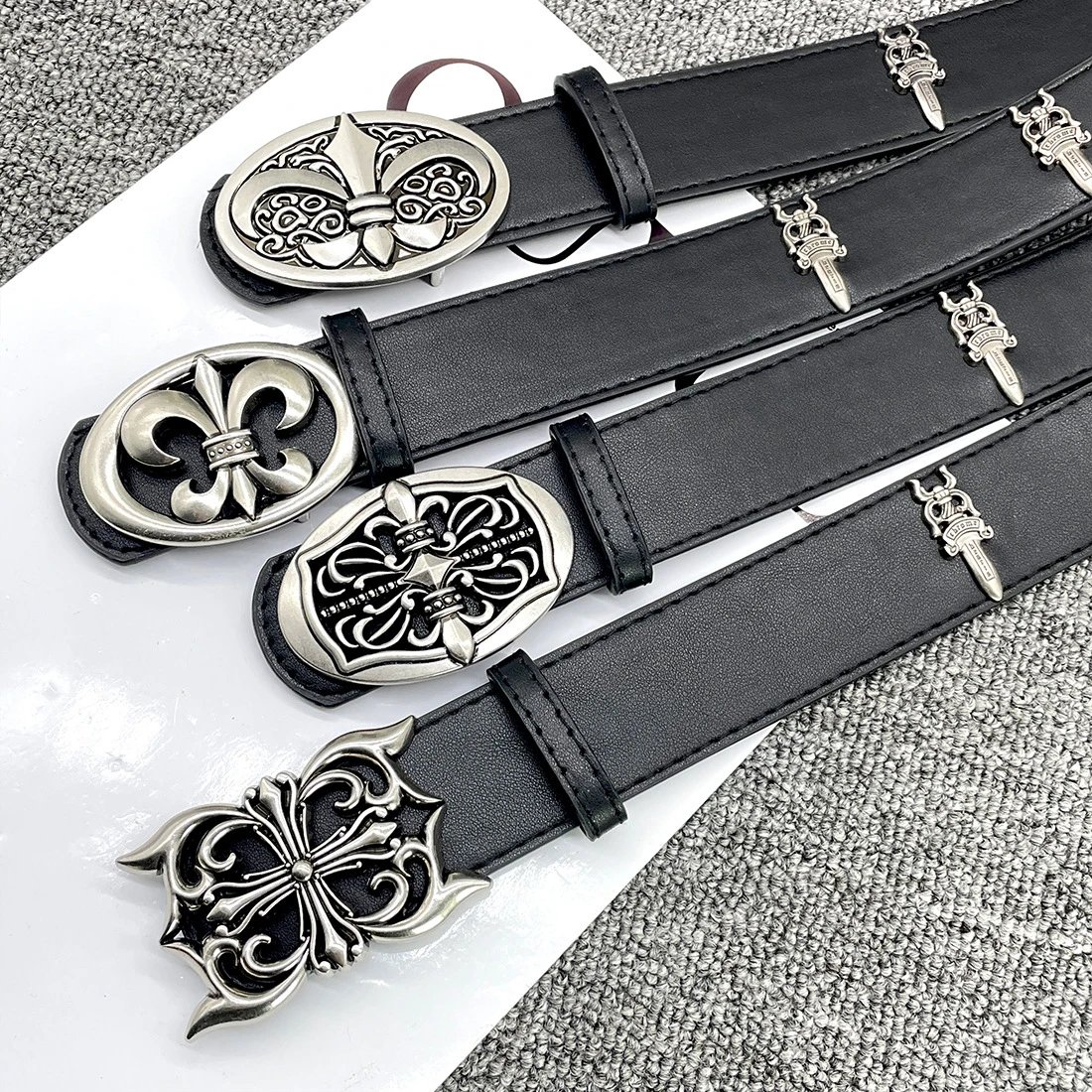 OUYUE Ornate Cross Buckle Black Leather Belt - 18