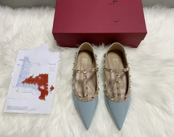 Valentino Garavani Rockstud Flat Black and Nude Leather Mary Jane Shoes - 25