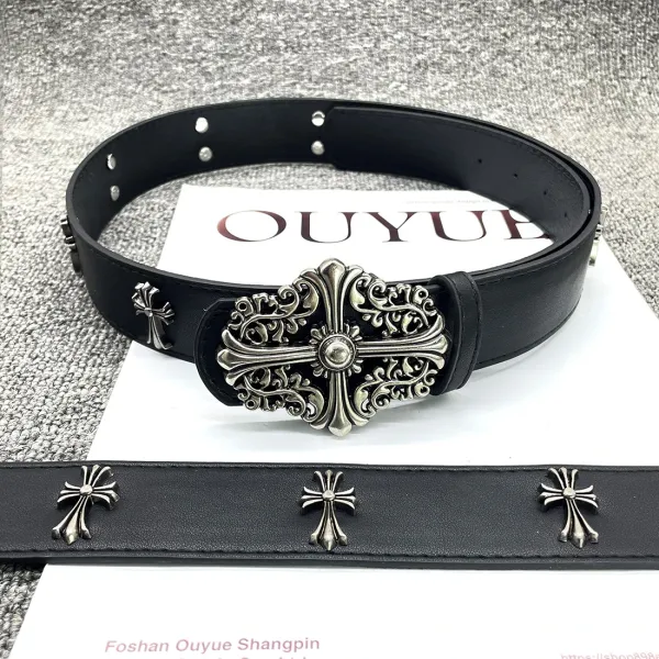 OUYUE Ornate Cross Buckle Black Leather Belt - 42
