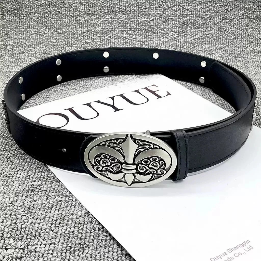 Ouyue Fleur-de-Lis Buckle Black Leather Belt