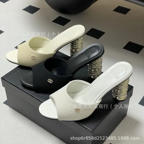 Chanel Mule Sandals with Crystal-Embellished Block Heel in Beige and White - 4