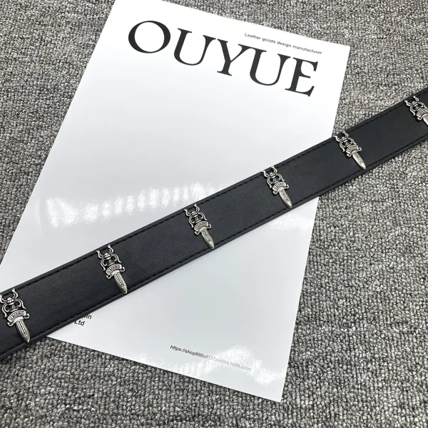 OUYUE Ornate Cross Buckle Black Leather Belt - 38