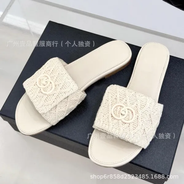 Chanel Knit CC Logo Slide Sandals Beige Slippers - 6