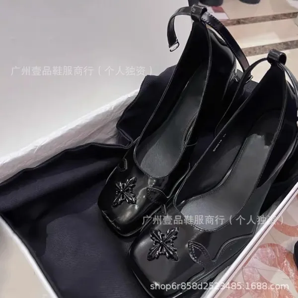 FFK Mary Jane Block Heel Black Patent Leather Shoes with Floral Embellishment - 4