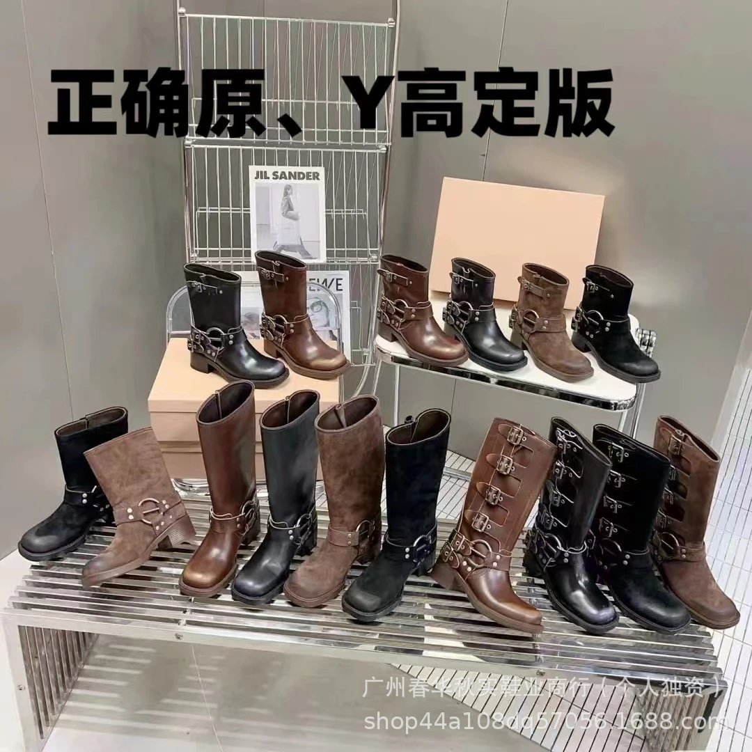 MIU Riding Boots Women High Knee Retro Genuine Leather Metal Buckle Tall Mid-Calf Western Cowboy Boots Women's European & American Style: findsindex.com