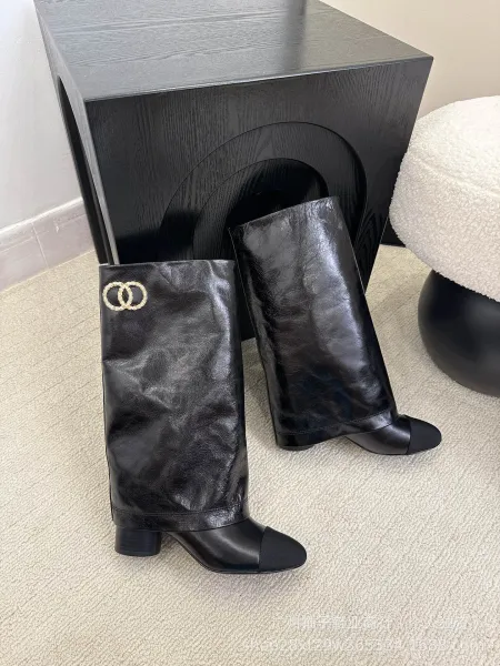 Chanel CC Logo Beige and Black Cap-Toe Knee-High Boots - 4