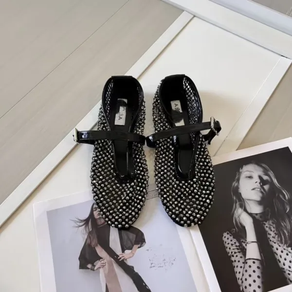 Prada Mary Jane Flat Black Studded Leather Shoes - 33