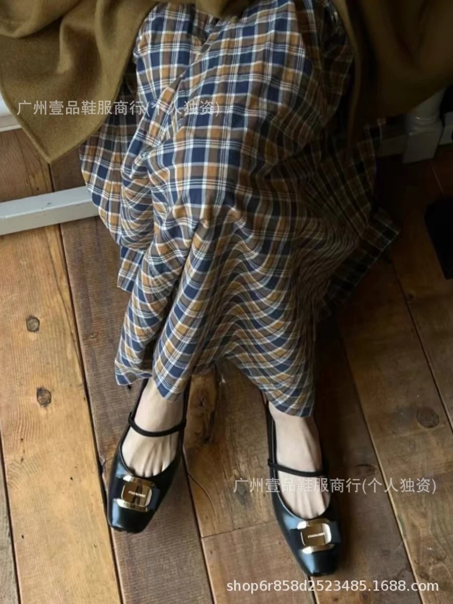 Black Mary Jane Flats with Gold Buckle Detail Leather Shoes - 18