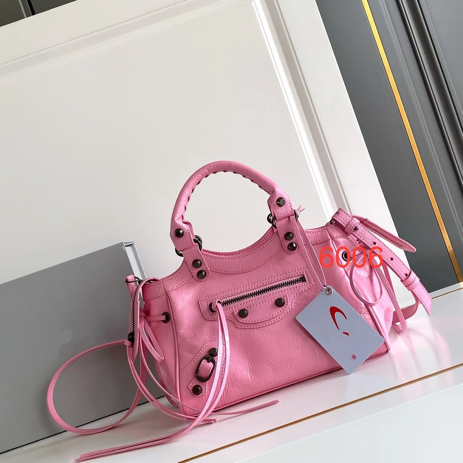 Balenciaga Mini City Bag Pink Crinkled Leather Handbag
