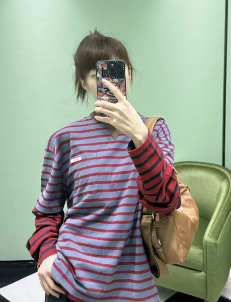Prada Striped Crewneck T-Shirt with Contrast Collar and Chest Pocket - 7