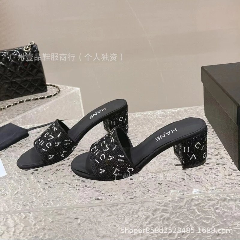 HANE Crystal-Embellished Slide Sandals Black - 5