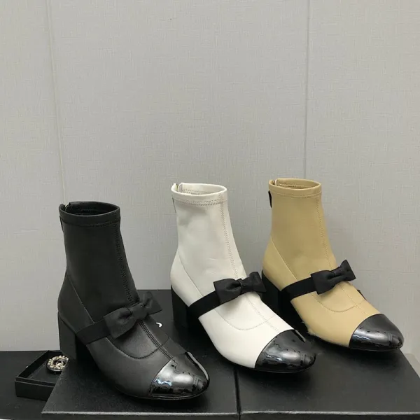 Chanel-Inspired Two-Tone Bow Ankle Boots White Black - 3
