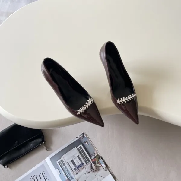 Saint Tears Pearl-Embellished Patent Leather Pointed-Toe Flats Brown - 12