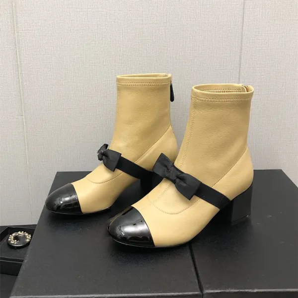 Chanel-Inspired Two-Tone Bow Ankle Boots White Black - 18