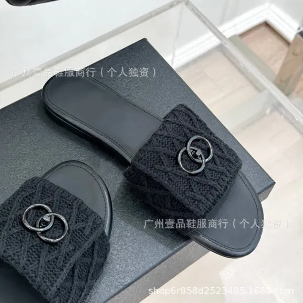 Chanel Knit CC Logo Slide Sandals Beige Slippers - 14