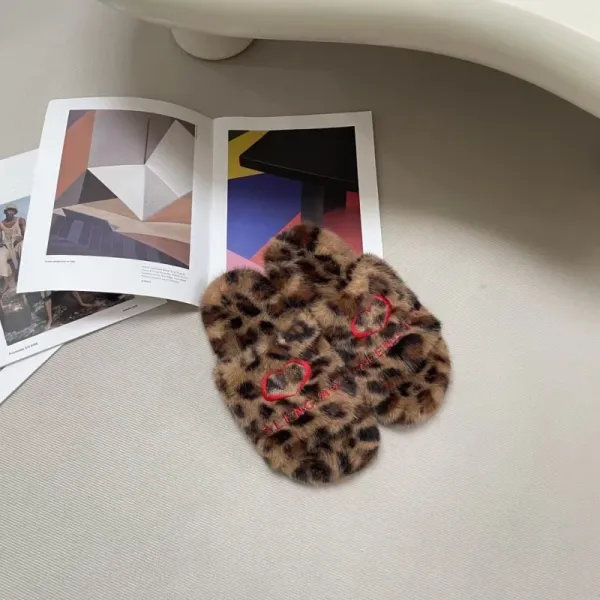Balenciaga Fur Slippers Leopard Print with Heart Logo Slippers - 12
