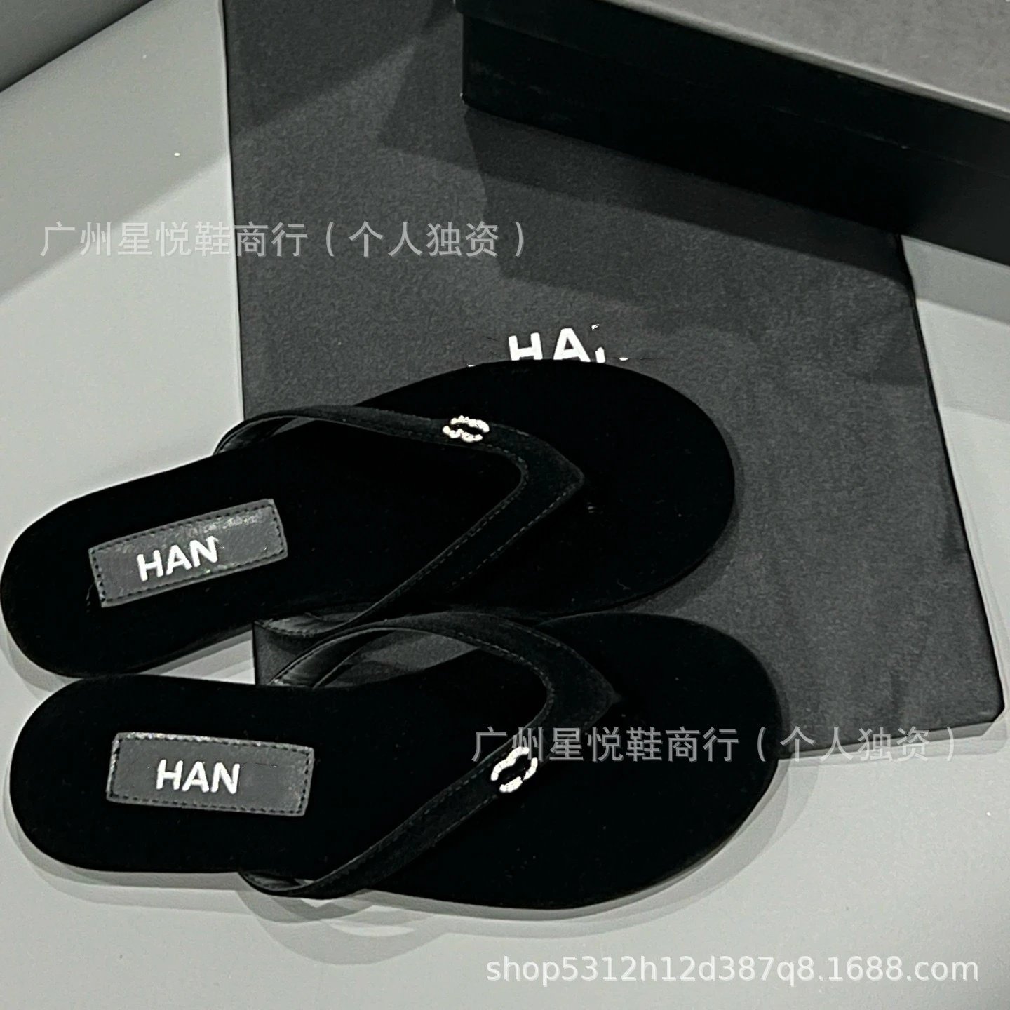 Chanel-Inspired Rhinestone-Embellished Black Velvet Flip-Flops - 7