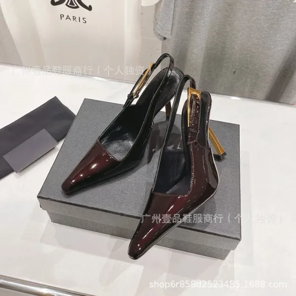 Celine Triomphe Slingback Stilettos Black Patent Leather Heels - 21