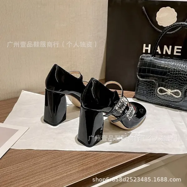 Red Patent Leather Mary Jane Block Heel Shoes with Crystal Buckle - 15