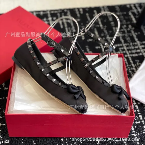 Valentino Rockstud Bow Flat Black Leather Shoes - 7
